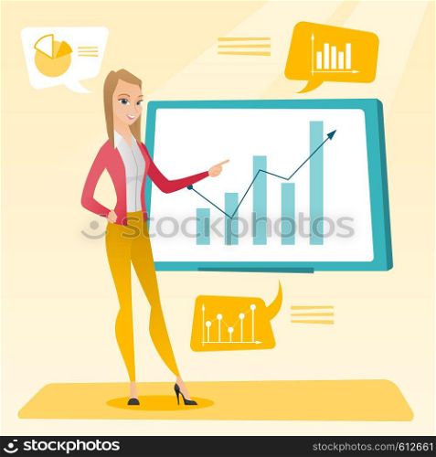Business woman presenting review of financial data. Business woman pointing at board with financial data. Business woman explaining financial data. Vector flat design illustration. Square layout.. Businesswoman presenting review of financial data.