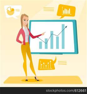 Business woman presenting review of financial data. Business woman pointing at board with financial data. Business woman explaining financial data. Vector flat design illustration. Square layout.. Businesswoman presenting review of financial data.