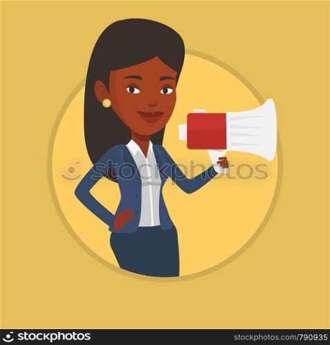Business woman promoter holding a megaphone. Business woman promoter speaking into a megaphone. Social media marketing concept. Vector flat design illustration in the circle isolated on background.. Young woman speaking into megaphone.