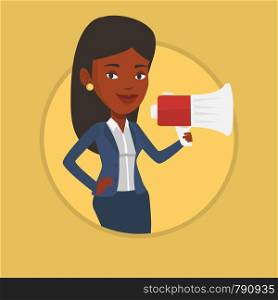 Business woman promoter holding a megaphone. Business woman promoter speaking into a megaphone. Social media marketing concept. Vector flat design illustration in the circle isolated on background.. Young woman speaking into megaphone.
