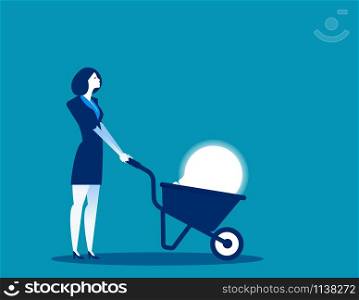 Business woman pushing light bulb with wheelbarrow. Concept business vector illustration.