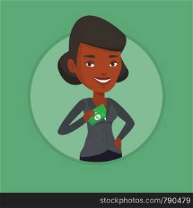 Business woman putting bribe in her pocket. Business woman hiding bribe in jacket pocket. Bribing, corruption and fraud concept. Vector flat design illustration in the circle isolated on background.. Business woman putting money in pocket.