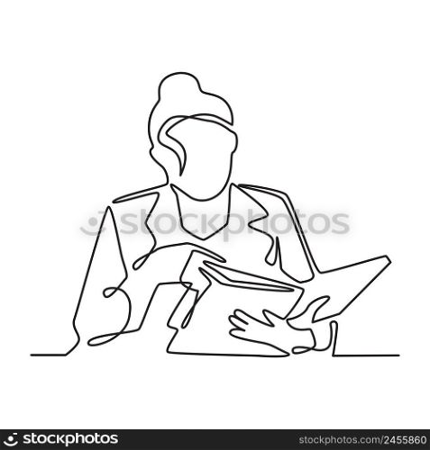 Business Woman Reading Document Office Work Concept Continuous Line Drawing Illustration