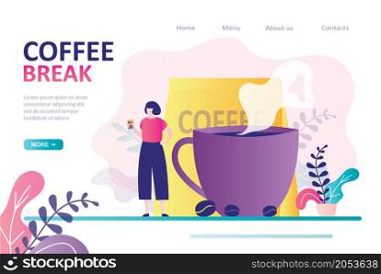 Business woman rest and drinks coffee on break. Employee relaxing on lunch time. Big cups of coffee. Female character with disposable cup. Landing page template. Trendy flat vector illustration. Business woman rest and drinks coffee on break. Employee relaxing on lunch time. Big cups of coffee. Female character with disposable cup