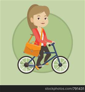 Business woman riding a bicycle. Cyclist riding a bicycle. Business woman with briefcase on a bicycle. Healthy lifestyle concept. Vector flat design illustration in the circle isolated on background.. Woman riding bicycle vector illustration.