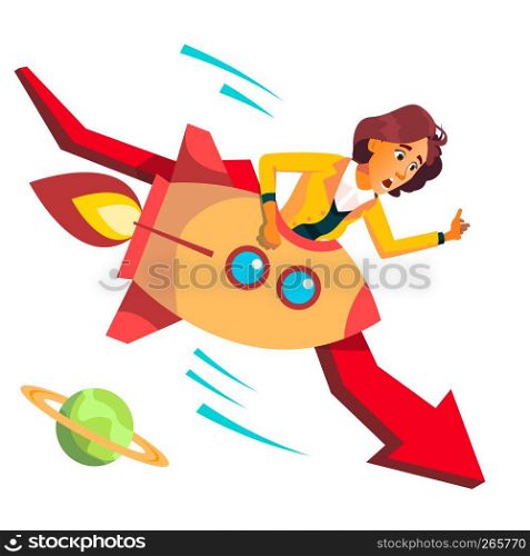 Business Woman Riding Rocket Falls Down On Background Of Falling Red Arrow Vector. Illustration. Business Woman Riding A Rocket Falls Down On Background Of Falling Red Arrow Vector. Illustration