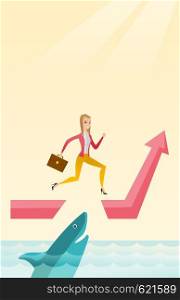 Business woman running on ascending graph and jumping over gap. Businessman jumping over ocean with shark. Business growth and business risks concept. Vector flat design illustration. Vertical layout.. Business woman jumping over ocean with shark.