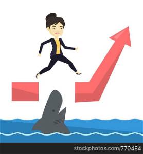 Business woman running on ascending graph and jumping over gap. Business woman jumping over ocean with shark. Business risks concept. Vector flat design illustration isolated on white background.. Business woman jumping over ocean with shark.
