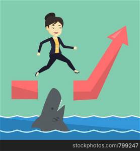 Business woman running on ascending graph and jumping over gap. Business woman jumping over ocean with shark. Business growth and business risks concept. Vector flat design illustration. Square layout. Business woman jumping over ocean with shark.