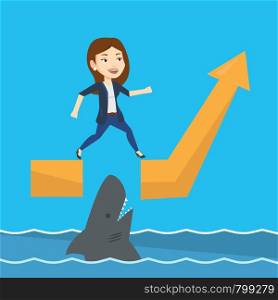 Business woman running on ascending graph and jumping over gap. Business woman jumping over ocean with shark. Business growth and business risks concept. Vector flat design illustration. Square layout. Business woman jumping over ocean with shark.