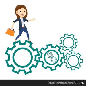 Business woman running on cogwheels. Business woman running to success. Business woman running in a hurry. Concept of moving to success. Vector flat design illustration isolated on white background.. Business woman running on cogwheels.