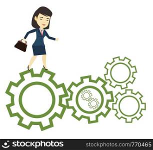 Business woman running on cogwheels. Business woman running to success. Business woman running in a hurry. Concept of moving to success. Vector flat design illustration isolated on white background.. Business woman running on cogwheels.