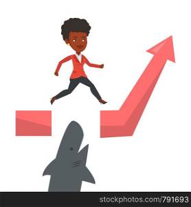 Business woman running on graph and jumping over gap. Business woman jumping over ocean with shark. Business growth and risks concept. Vector flat design illustration isolated on white background.. Business woman jumping over ocean with shark.