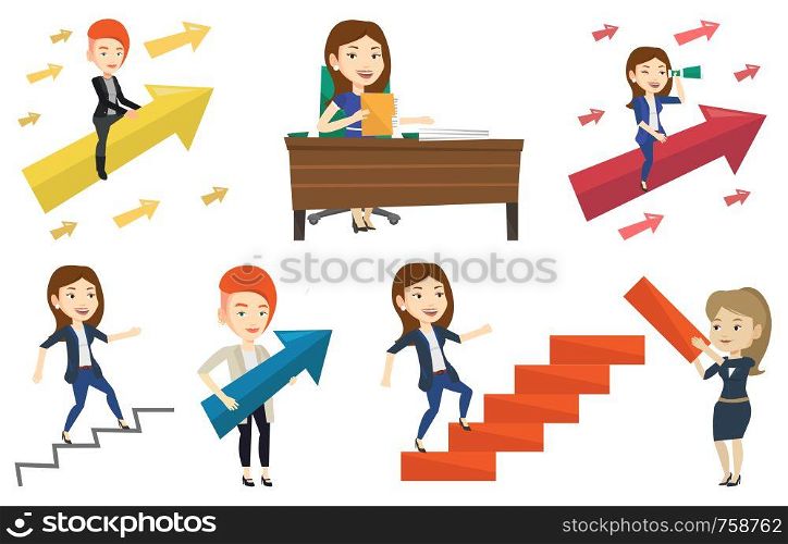 Business woman running up the career ladder drawn by hand. Business woman climbing the career ladder. Concept of business career. Set of vector flat design illustrations isolated on white background.. Vector set of business characters.