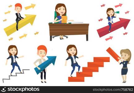Business woman running up the career ladder drawn by hand. Business woman climbing the career ladder. Concept of business career. Set of vector flat design illustrations isolated on white background.. Vector set of business characters.