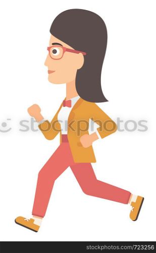 Business woman running vector flat design illustration isolated on white background. . Business woman running
