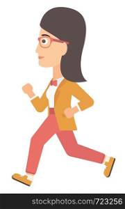 Business woman running vector flat design illustration isolated on white background. . Business woman running