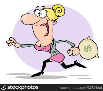 Business Woman Running With The Money Bag