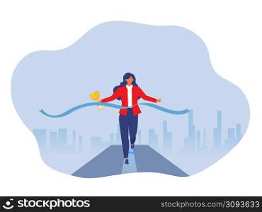 Business woman Running woman winning racing with Marathon leader holding cup, Competition, prize, trophy concept flat vector illustration.