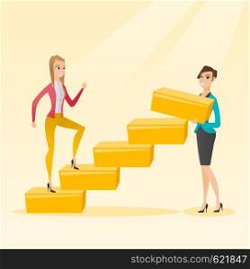 Business woman runs up the career ladder while another woman builds this ladder. Business woman climbing the career ladder. Concept of business career. Vector flat design illustration. Square layout.. Business woman runs up the career ladder.