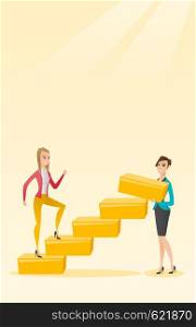 Business woman runs up the career ladder while another woman builds this ladder. Business woman climbing the career ladder. Concept of business career. Vector flat design illustration. Vertical layout. Business woman runs up the career ladder.
