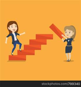 Business woman runs up the career ladder while another woman builds this ladder. Businesswoman climbing the career ladder. Concept of business career. Vector flat design illustration. Square layout.. Business woman runs up the career ladder.