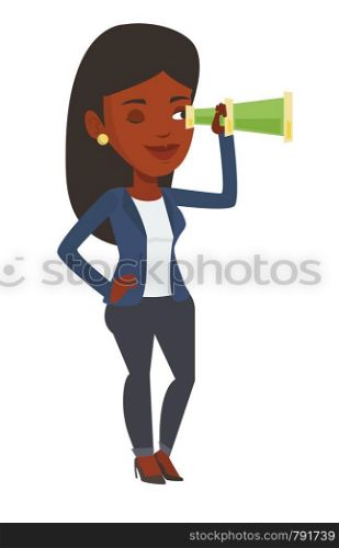 Business woman searching for opportunities. Business woman using spyglass for searching of opportunities. Business opportunities concept. Vector flat design illustration isolated on white background.. Businesswoman looking for business opportunities.