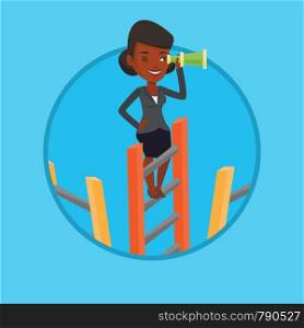 Business woman searching for opportunities. Woman using spyglass for searching of opportunities. Business opportunities concept. Vector flat design illustration in the circle isolated on background.. Businesswoman looking for business opportunities.