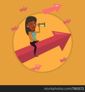 Business woman searching for opportunities. Woman using spyglass for searching of opportunities. Business opportunities concept. Vector flat design illustration in the circle isolated on background.. Business woman looking through spyglass.