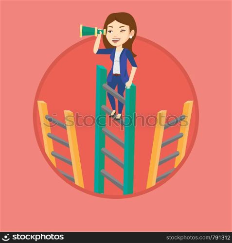 Business woman searching for opportunities. Woman using spyglass for searching of opportunities. Business opportunities concept. Vector flat design illustration in the circle isolated on background.. Businesswoman looking for business opportunities.