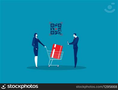 business woman shopping by card with scan QR code concept vector illustrator.