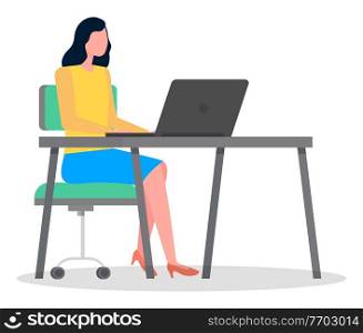 Business woman sitting at a desk working with laptop. Businesswoman manager typing on computer keyboard. Office worker girl at a table isolated on white background, communicating in the Internet,. Business woman sitting at a desk working with laptop. Businesswoman manager typing on computer