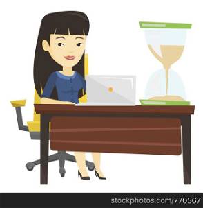 Business woman sitting at table with hourglass symbolizing deadline. Business woman coping with deadline successfully. Deadline concept. Vector flat design illustration isolated on white background.. Asian business woman working in office.