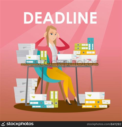 Business woman sitting at the table with stacks of papers and clutching head because of a missed deadline. Business woman has a problem with a deadline. Vector flat design illustration. Square layout.. Businessman has a problem with a deadline.