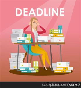 Business woman sitting at the table with stacks of papers and clutching head because of a missed deadline. Business woman has a problem with a deadline. Vector flat design illustration. Square layout.. Businessman has a problem with a deadline.