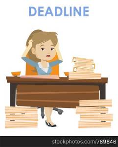 Business woman sitting at workplace and clutching head because of missed deadline. Caucasian business woman having problem with deadline. Vector flat design illustration isolated on white background.. Business woman having problem with deadline.