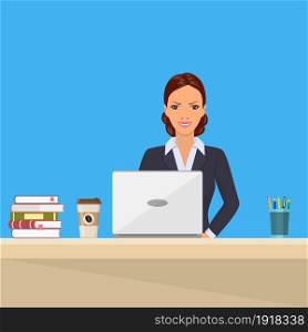 Business woman Sitting Desk Working Laptop Computer. Vector illustration in flat style. Business woman Sitting Desk Working Laptop