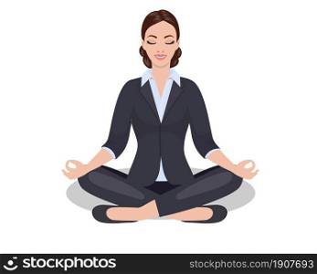 Business woman sitting in the padmasana lotus pose. Office worker meditating, relaxing or doing yoga after stress and hard work day. Vector illustration in flat style. Business woman sitting in the padmasana lotus pose.