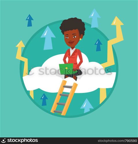 Business woman sitting on a cloud and working on laptop. Business woman using cloud computing technology. Cloud computing concept. Vector flat design illustration in the circle isolated on background.. Business woman sitting on cloud with laptop.
