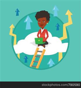 Business woman sitting on a cloud and working on laptop. Business woman using cloud computing technology. Cloud computing concept. Vector flat design illustration in the circle isolated on background.. Business woman sitting on cloud with laptop.