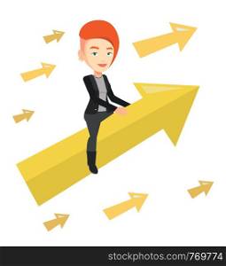 Business woman sitting on arrow going to success. Successful business woman flying up on arrow. Concept of moving to business success. Vector flat design illustration isolated on white background.. Happy business woman flying to success.