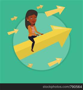 Business woman sitting on arrow going to success. Successful businesswoman flying up on arrow. Woman moving to business success. Vector flat design illustration in the circle isolated on background.. Happy business woman flying to success.