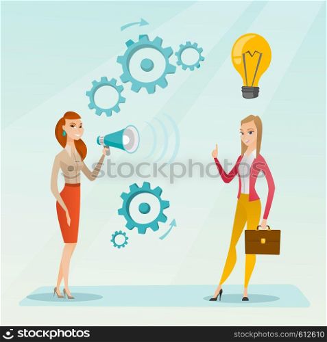 Business woman speaking to megaphone and making announcement for business idea. Business woman came up with idea. Business idea and announcement concept. Vector flat design illustration. Square layout. Announcement for business idea vector illustration