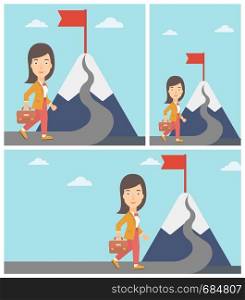 Business woman standing at the foot of the mountain. Business woman walking on road leading to flag on the top of the mountain. Vector flat design illustration. Square, horizontal, vertical layouts.. Leader business woman vector illustration.