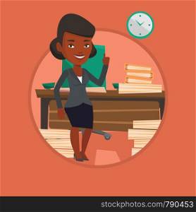 Business woman standing in office and pointing at time on clock. Business woman working against time. Concept of time management. Vector flat design illustration in the circle isolated on background.. Business woman pointing up with her forefinger.