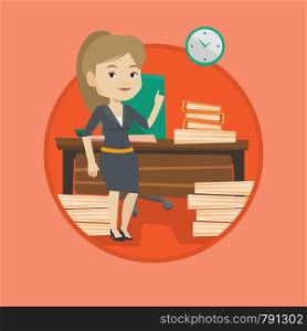 Business woman standing in office and pointing at time on clock. Business woman working against time. Concept of time management. Vector flat design illustration in the circle isolated on background.. Business woman pointing up with her forefinger.