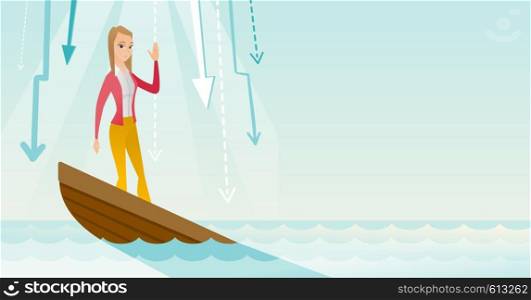 Business woman standing in sinking boat and asking for help. Business woman sinking and arrows behind her pointing down symbolizing bankruptcy. Vector flat design illustration. Horizontal layout.. Business woman standing in sinking boat.