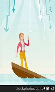 Business woman standing in sinking boat and asking for help. Young business woman sinking and arrows behind her pointing down symbolizing bankruptcy. Vector flat design illustration. Vertical layout.. Business woman standing in sinking boat.