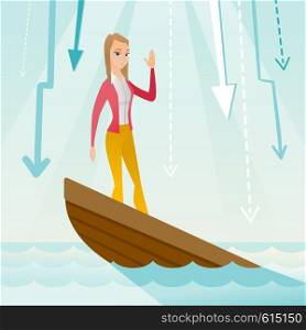 Business woman standing in sinking boat and asking for help. Business woman sinking and arrows behind her pointing down symbolizing business bankruptcy. Vector flat design illustration. Square layout.. Business woman standing in sinking boat.