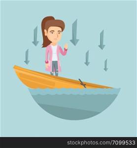 Business woman standing in sinking boat and asking for help. Business woman sinking and arrows behind her pointing down symbolizing business bankruptcy. Vector cartoon illustration. Square layout.. Caucasian business woman standing in sinking boat.